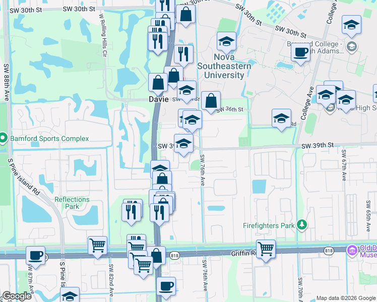 map of restaurants, bars, coffee shops, grocery stores, and more near 7601 Southwest 39th Street in Davie
