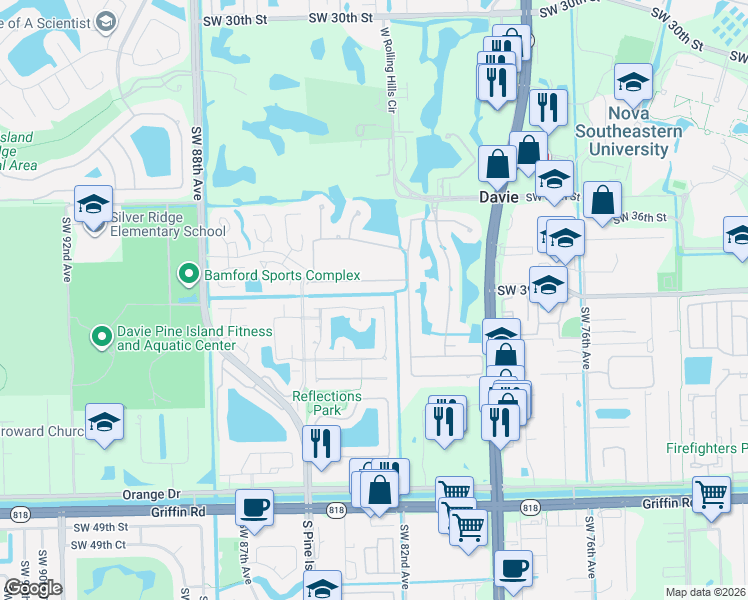 map of restaurants, bars, coffee shops, grocery stores, and more near 8304 South Lake Forest Drive in Davie