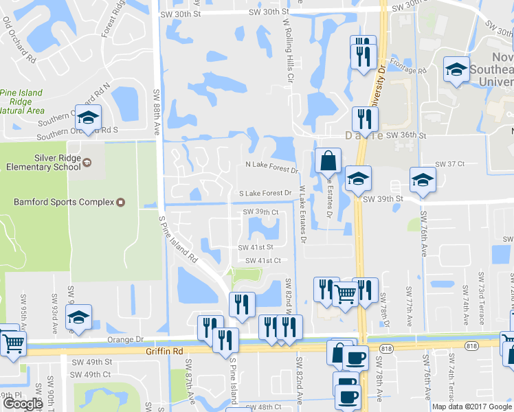 map of restaurants, bars, coffee shops, grocery stores, and more near 8424 South Lake Forest Drive in Davie