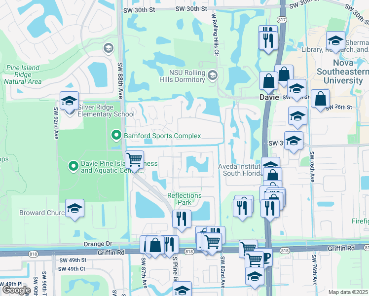 map of restaurants, bars, coffee shops, grocery stores, and more near 8424 South Lake Forest Drive in Davie