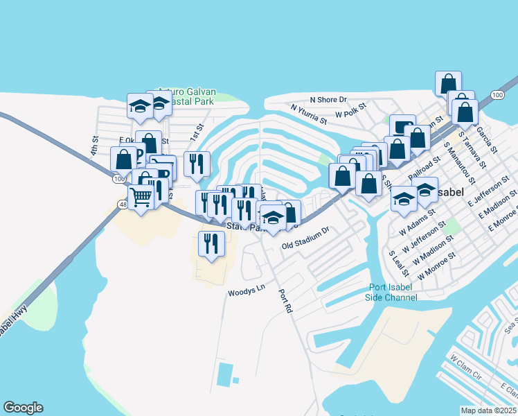 map of restaurants, bars, coffee shops, grocery stores, and more near 109 Island Avenue in Port Isabel