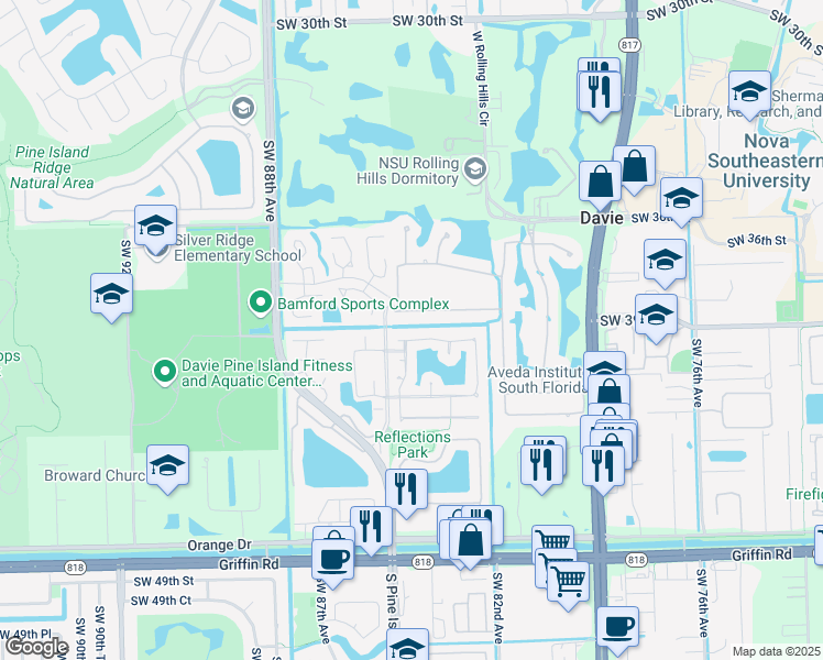 map of restaurants, bars, coffee shops, grocery stores, and more near 8424 South Lake Forest Drive in Davie