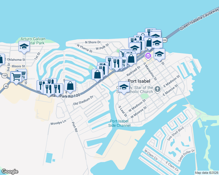 map of restaurants, bars, coffee shops, grocery stores, and more near 101 Railroad Avenue in Port Isabel
