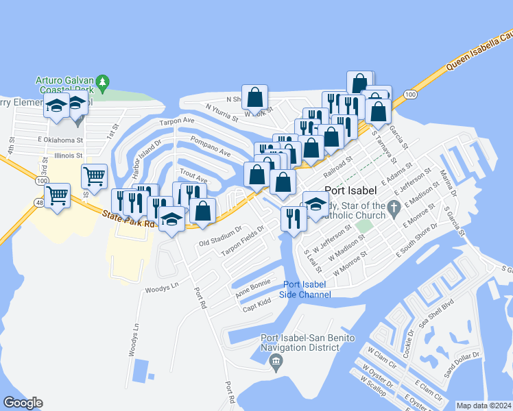 map of restaurants, bars, coffee shops, grocery stores, and more near 110 Channel Street in Port Isabel