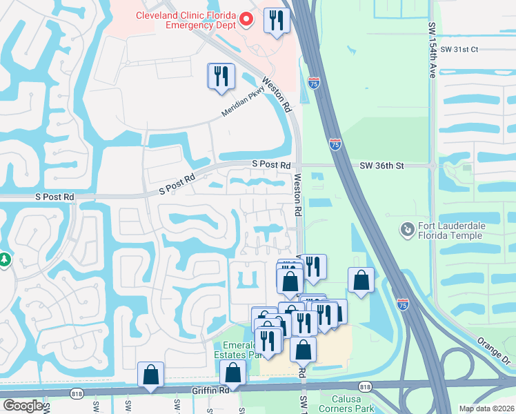 map of restaurants, bars, coffee shops, grocery stores, and more near 16203 Emerald Cove Road in Weston