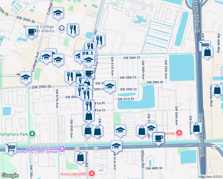 map of restaurants, bars, coffee shops, grocery stores, and more near 6131 Southwest 39th Court in Davie