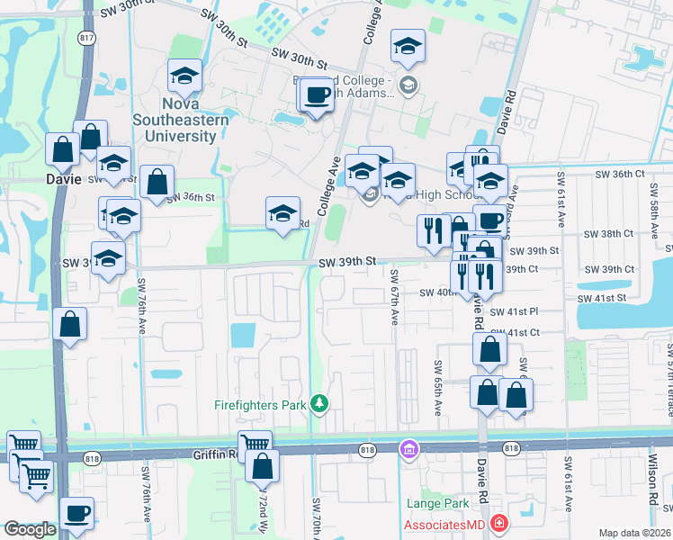 map of restaurants, bars, coffee shops, grocery stores, and more near 7169 Southwest 39th Street in Davie