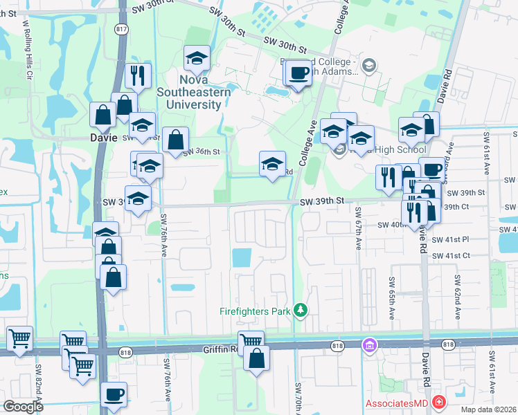 map of restaurants, bars, coffee shops, grocery stores, and more near 7111 Southwest 39th Court in Davie