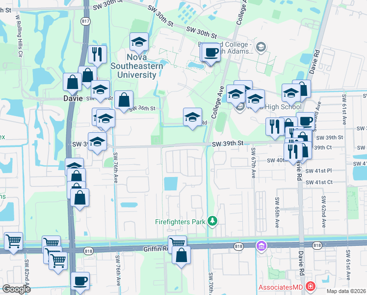map of restaurants, bars, coffee shops, grocery stores, and more near 7111 Southwest 39th Court in Davie