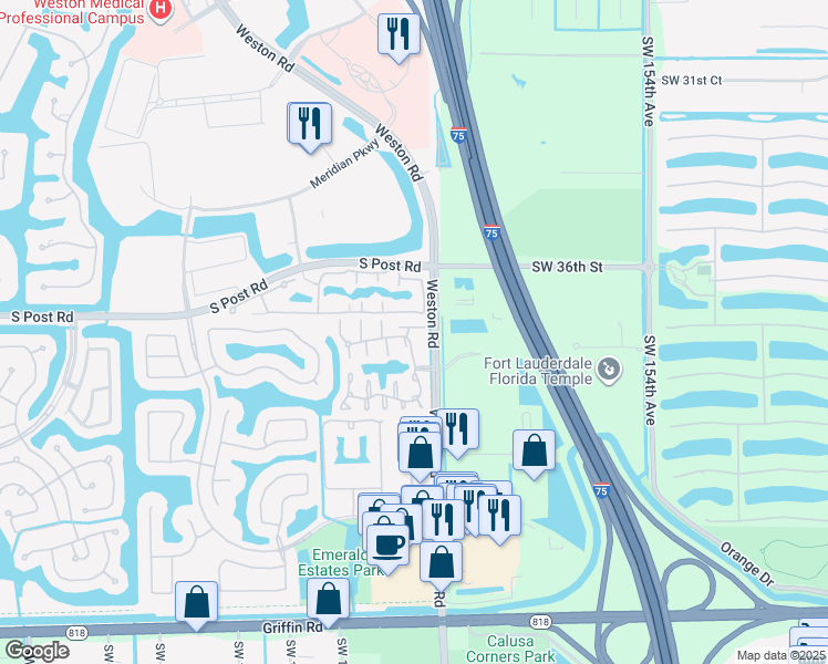 map of restaurants, bars, coffee shops, grocery stores, and more near 16029 Emerald Cove Road in Weston