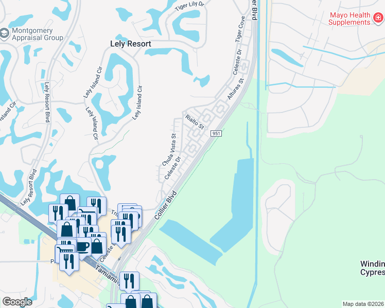 map of restaurants, bars, coffee shops, grocery stores, and more near 9111 Capistrano Street South in Naples