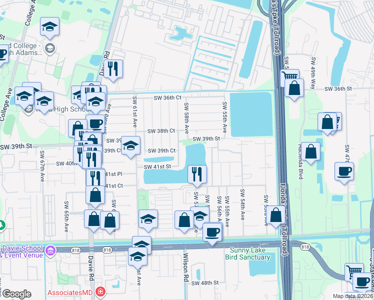 map of restaurants, bars, coffee shops, grocery stores, and more near 3920 Southwest 58th Terrace in Davie