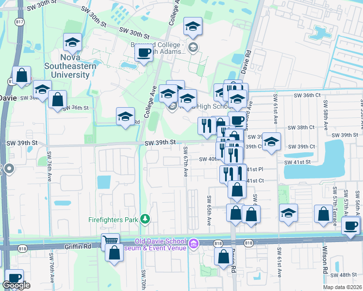 map of restaurants, bars, coffee shops, grocery stores, and more near 6650 Southwest 39th Street in Davie