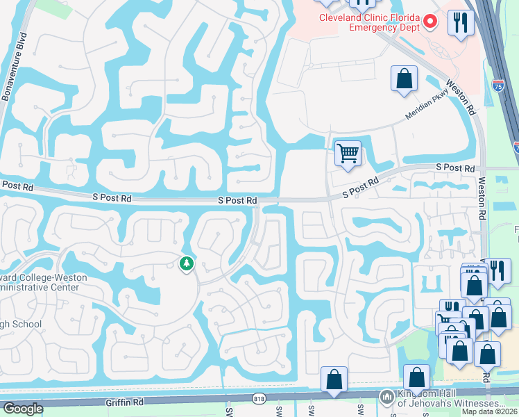map of restaurants, bars, coffee shops, grocery stores, and more near 3810 North Ridge Drive in Weston