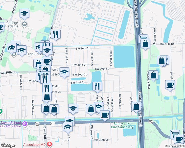 map of restaurants, bars, coffee shops, grocery stores, and more near 3920 Southwest 58th Terrace in Davie