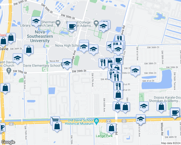 map of restaurants, bars, coffee shops, grocery stores, and more near 6650 Southwest 39th Street in Davie