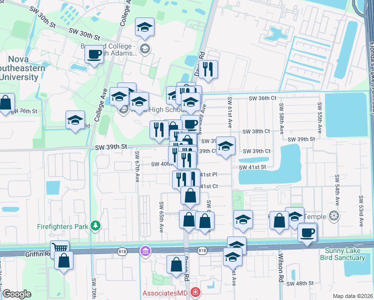 map of restaurants, bars, coffee shops, grocery stores, and more near 3890 Davie Road in Davie
