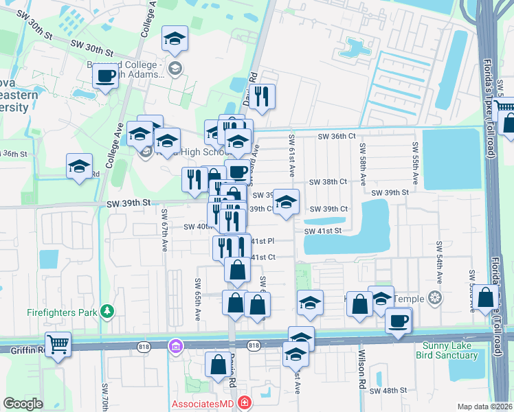 map of restaurants, bars, coffee shops, grocery stores, and more near 6301 Southwest 39th Court in Davie