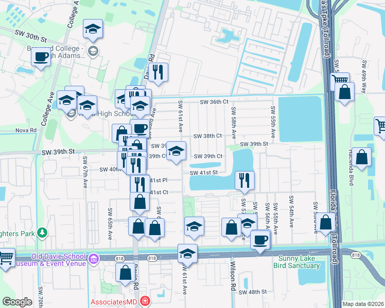 map of restaurants, bars, coffee shops, grocery stores, and more near 3920 Southwest 60th Terrace in Davie