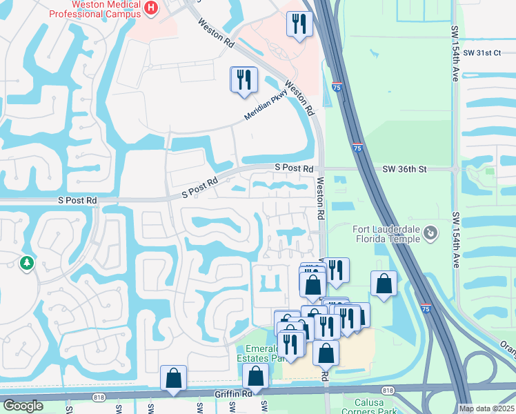 map of restaurants, bars, coffee shops, grocery stores, and more near 16305 Emerald Cove Road in Weston