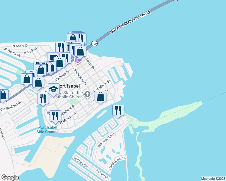 map of restaurants, bars, coffee shops, grocery stores, and more near Marina Drive in Port Isabel