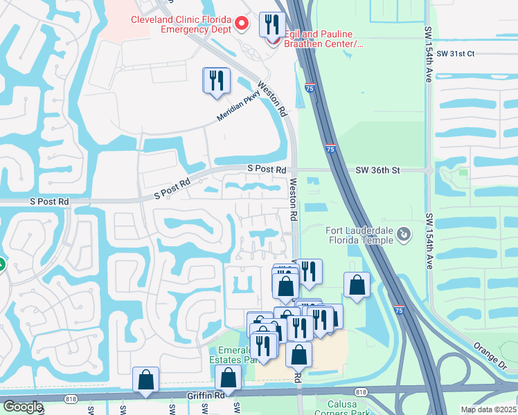 map of restaurants, bars, coffee shops, grocery stores, and more near 16221 Emerald Cove Road in Weston