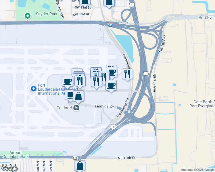 map of restaurants, bars, coffee shops, grocery stores, and more near 330 Upper Terminal Drive in Fort Lauderdale