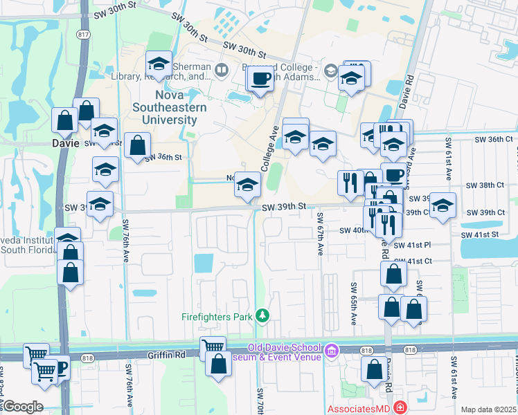 map of restaurants, bars, coffee shops, grocery stores, and more near 7169 Southwest 39th Street in Davie