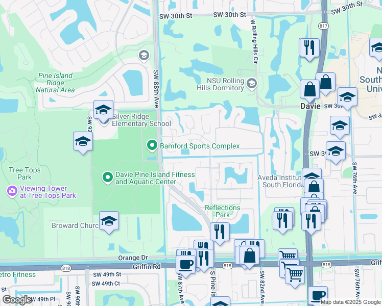 map of restaurants, bars, coffee shops, grocery stores, and more near 3785 West Valley Green Drive in Davie