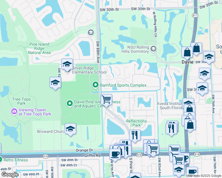map of restaurants, bars, coffee shops, grocery stores, and more near 3748 West Citrus Trce in Davie