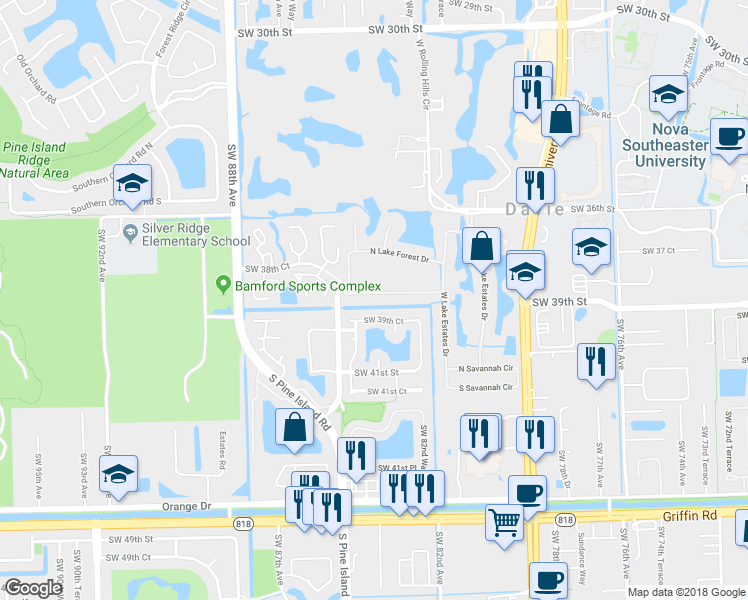 map of restaurants, bars, coffee shops, grocery stores, and more near 8424 South Lake Forest Drive in Davie