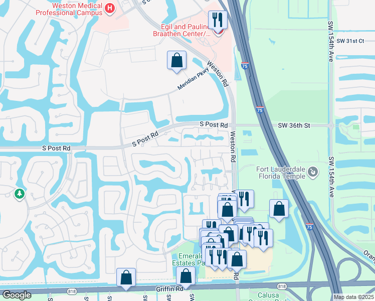 map of restaurants, bars, coffee shops, grocery stores, and more near 16305 Emerald Cove Road in Weston