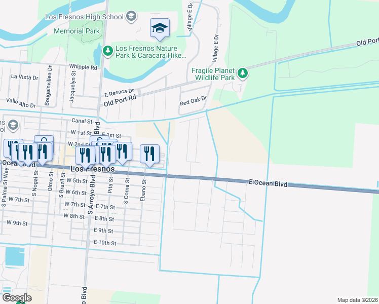 map of restaurants, bars, coffee shops, grocery stores, and more near 511 East Ocean Boulevard in Los Fresnos