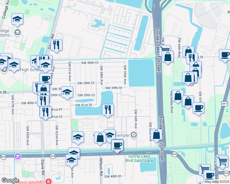 map of restaurants, bars, coffee shops, grocery stores, and more near 5601 Southwest 39th Court in Davie