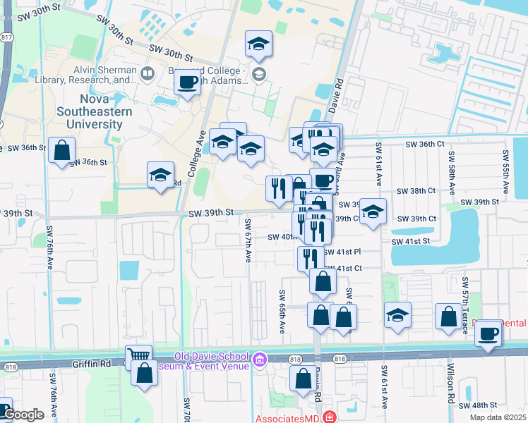 map of restaurants, bars, coffee shops, grocery stores, and more near 6590 Southwest 39th Street in Davie