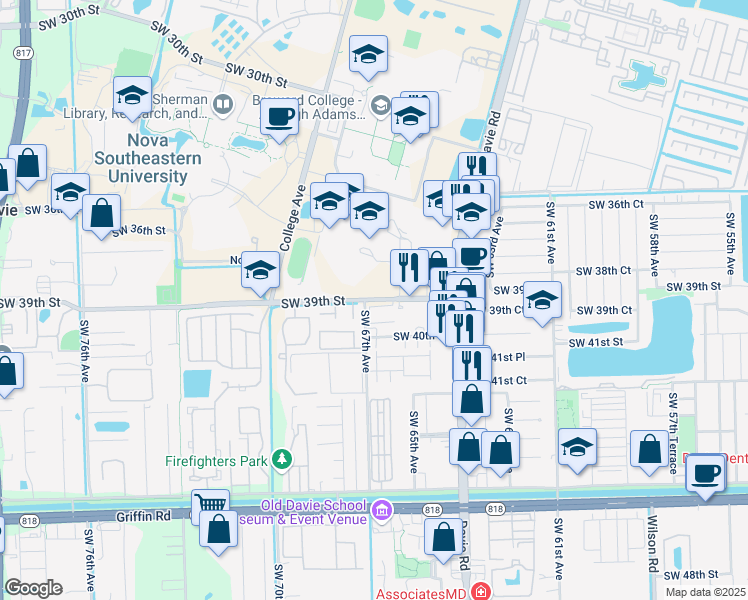 map of restaurants, bars, coffee shops, grocery stores, and more near 6650 Southwest 39th Street in Davie