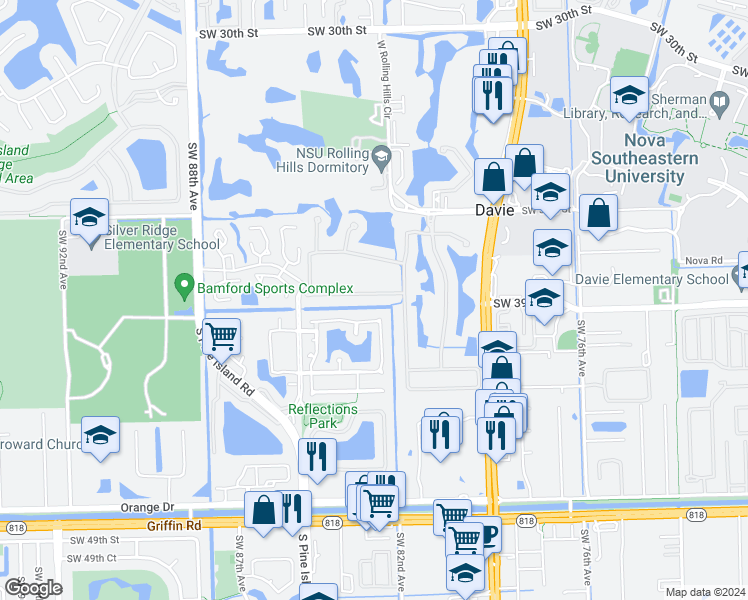 map of restaurants, bars, coffee shops, grocery stores, and more near 8304 South Lake Forest Drive in Davie