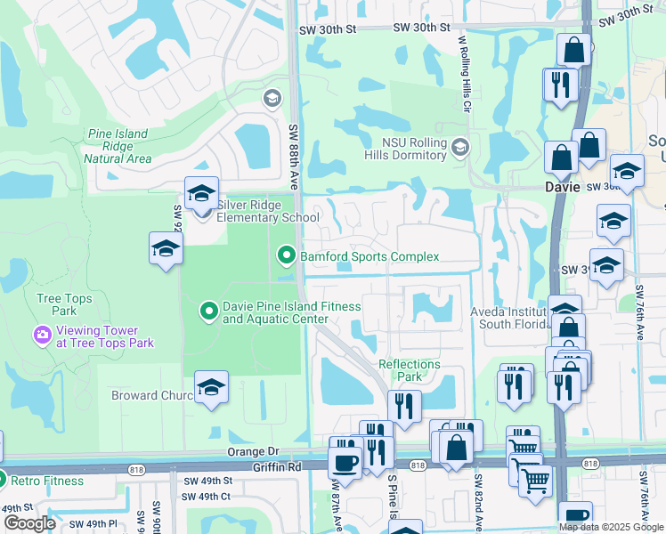 map of restaurants, bars, coffee shops, grocery stores, and more near 3748 West Citrus Trce in Davie