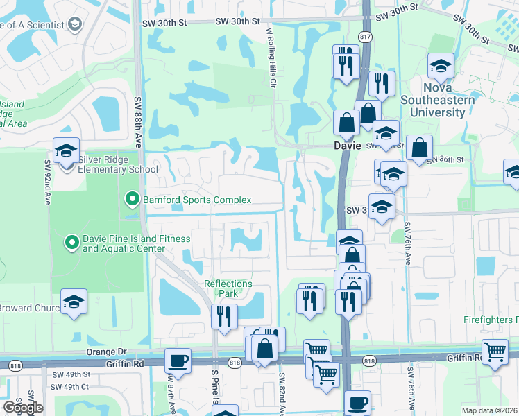 map of restaurants, bars, coffee shops, grocery stores, and more near 8304 South Lake Forest Drive in Davie