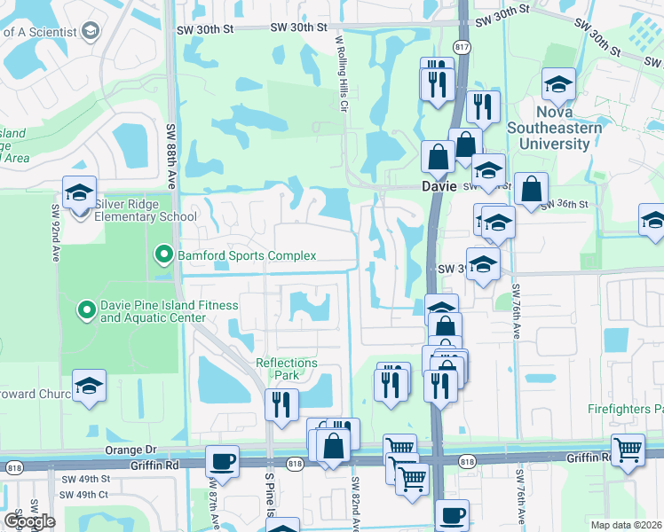 map of restaurants, bars, coffee shops, grocery stores, and more near 8304 South Lake Forest Drive in Davie