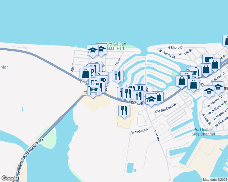 map of restaurants, bars, coffee shops, grocery stores, and more near 1504 Texas 100 in Port Isabel