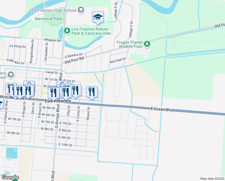 map of restaurants, bars, coffee shops, grocery stores, and more near 511 East Ocean Boulevard in Los Fresnos