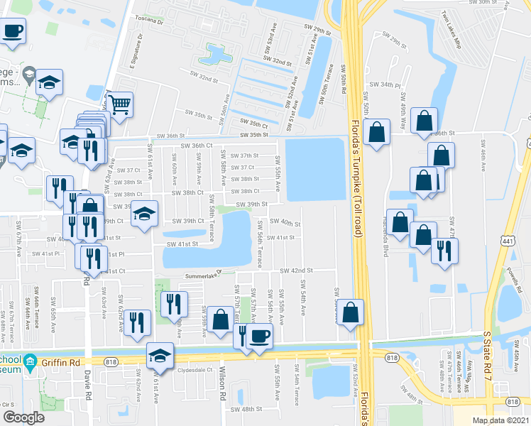 map of restaurants, bars, coffee shops, grocery stores, and more near 5601 Southwest 39th Court in Davie