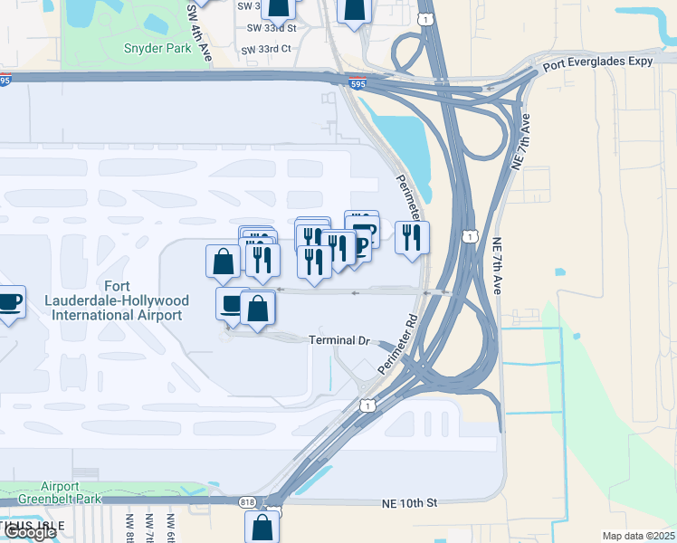 map of restaurants, bars, coffee shops, grocery stores, and more near 100 Terminal Drive in Fort Lauderdale