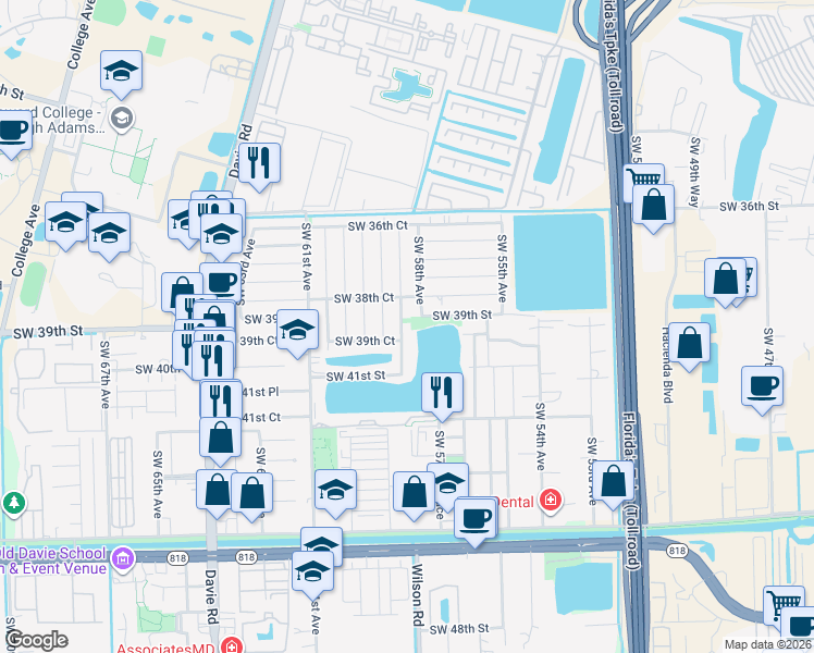 map of restaurants, bars, coffee shops, grocery stores, and more near 3920 Southwest 58th Terrace in Davie
