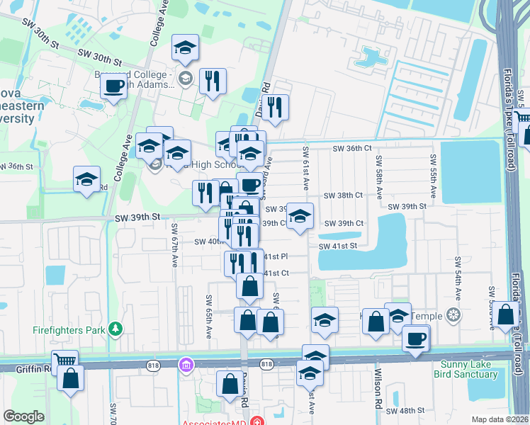 map of restaurants, bars, coffee shops, grocery stores, and more near 6301 Southwest 39th Court in Davie