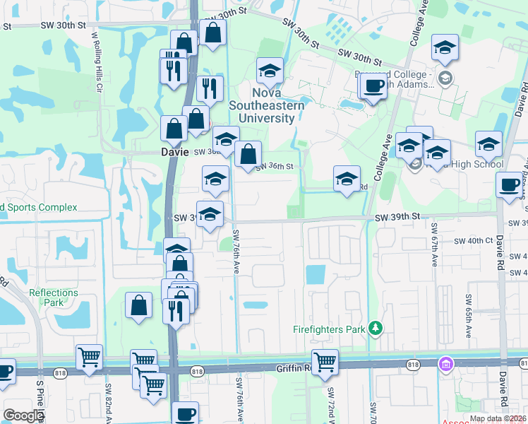 map of restaurants, bars, coffee shops, grocery stores, and more near 7431 Southwest 39th Street in Davie