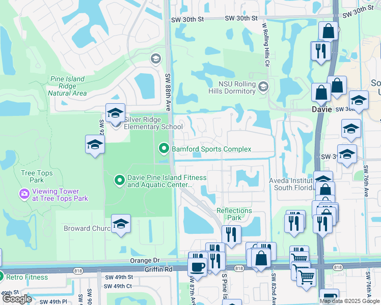 map of restaurants, bars, coffee shops, grocery stores, and more near 3748 West Citrus Trce in Davie