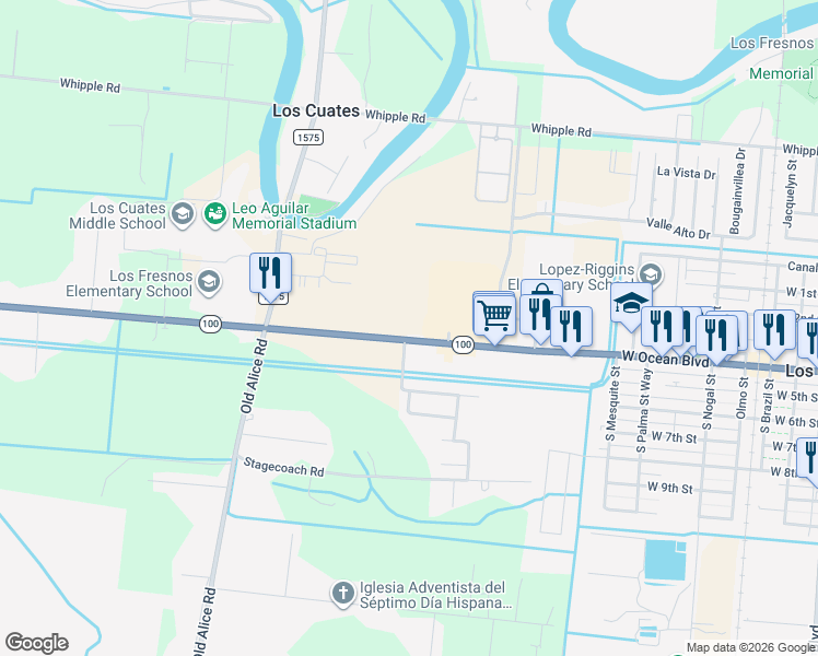 map of restaurants, bars, coffee shops, grocery stores, and more near 39691 Texas 100 in Los Fresnos