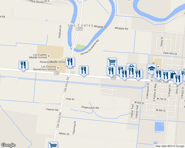 map of restaurants, bars, coffee shops, grocery stores, and more near 32819 Highway 100 in Los Fresnos